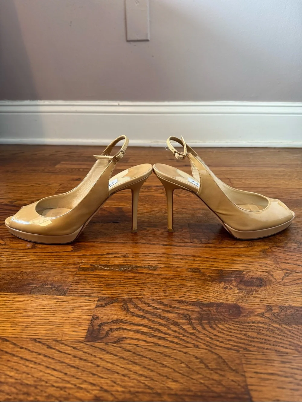 Jimmy Choo Women’s Nude‎ Patent Leather Peep Toe Slingback Heels Pumps Size 37.5